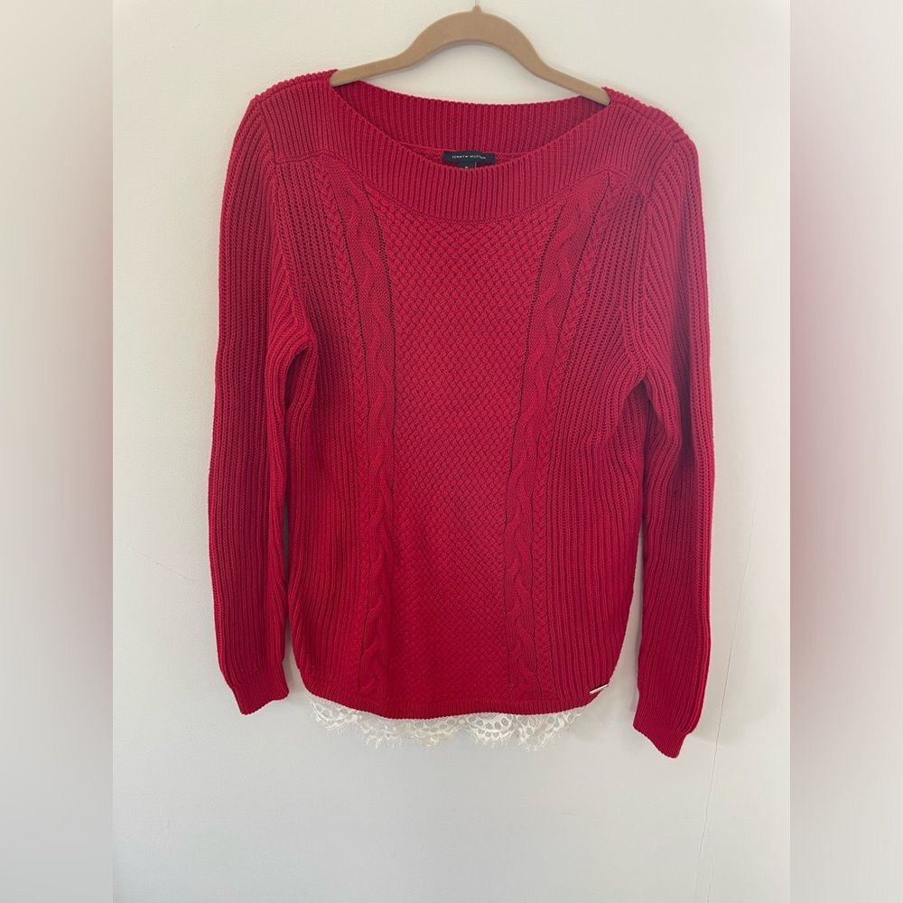 Tommy Hilfiger Red Cable Knit Lace Hem Sweater medium